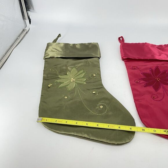 Set of 2 Sateen Embroidered Christmas Holiday Stocking Green Pink - Picture 3 of 5